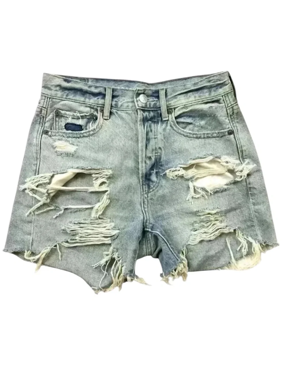 American Eagle ButtonFly Highrise Bleach Fade Distress Fray Denim Shorts Size 00
